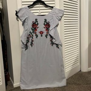 Zara mini dress, blue with embroidered flowers SZ M (will fit a size 2-4)